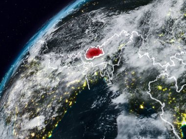 Bhutan Planet Earth görünür ülke sınırları ile gece. 3D çizim. Nasa tarafından döşenmiş bu görüntü unsurları.