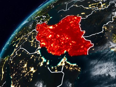 Iran Planet Earth görünür ülke sınırları ile gece. 3D çizim. Nasa tarafından döşenmiş bu görüntü unsurları.