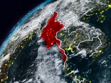 Myanmar Planet Earth görünür ülke sınırları ile gece. 3D çizim. Nasa tarafından döşenmiş bu görüntü unsurları.