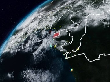 Ekvator Ginesi Planet Earth görünür ülke sınırları ile gece. 3D çizim. Nasa tarafından döşenmiş bu görüntü unsurları.