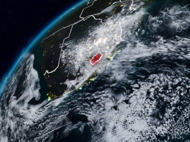 Lesotho Planet Earth görünür ülke sınırları ile gece. 3D çizim. Nasa tarafından döşenmiş bu görüntü unsurları.