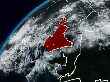 Kamerun Planet Earth görünür ülke sınırları ile gece. 3D çizim. Nasa tarafından döşenmiş bu görüntü unsurları.
