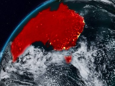 Avustralya Planet Earth görünür ülke sınırları ile gece. 3D çizim. Nasa tarafından döşenmiş bu görüntü unsurları.