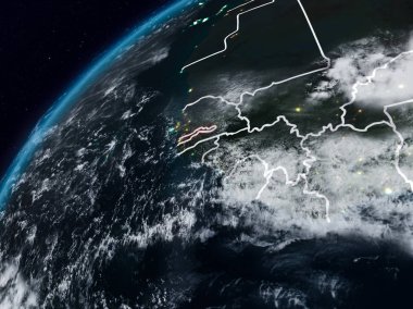 Gambiya Planet Earth görünür ülke sınırları ile gece. 3D çizim. Nasa tarafından döşenmiş bu görüntü unsurları.