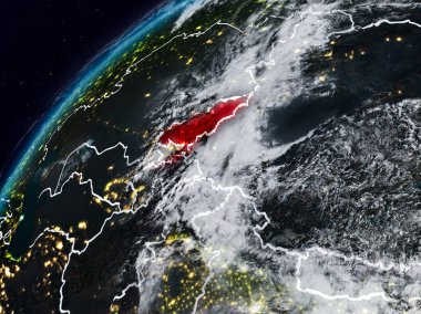 Kırgızistan Planet Earth görünür ülke sınırları ile gece. 3D çizim. Nasa tarafından döşenmiş bu görüntü unsurları.