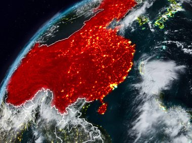 Çin Planet Earth görünür ülke sınırları ile gece. 3D çizim. Nasa tarafından döşenmiş bu görüntü unsurları.