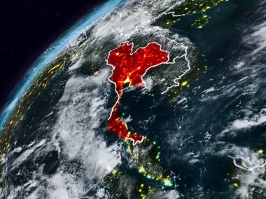 Tayland Planet Earth görünür ülke sınırları ile gece. 3D çizim. Nasa tarafından döşenmiş bu görüntü unsurları.
