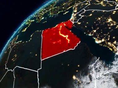 Mısır Planet Earth görünür ülke sınırları ile gece. 3D çizim. Nasa tarafından döşenmiş bu görüntü unsurları.