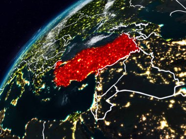 Türkiye Planet Earth görünür ülke sınırları ile gece. 3D çizim. Nasa tarafından döşenmiş bu görüntü unsurları.