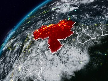 Venezuela Planet Earth görünür ülke sınırları ile gece. 3D çizim. Nasa tarafından döşenmiş bu görüntü unsurları.