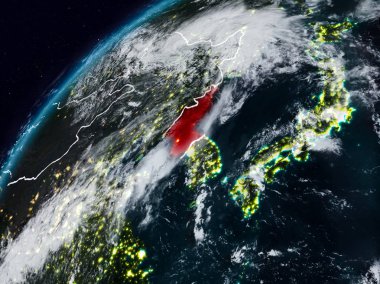 Kuzey Kore Planet Earth görünür ülke sınırları ile gece. 3D çizim. Nasa tarafından döşenmiş bu görüntü unsurları.