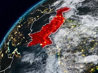 Pakistan Planet Earth görünür ülke sınırları ile gece. 3D çizim. Nasa tarafından döşenmiş bu görüntü unsurları.