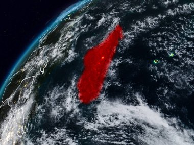 Madagaskar Planet Earth görünür ülke sınırları ile gece. 3D çizim. Nasa tarafından döşenmiş bu görüntü unsurları.