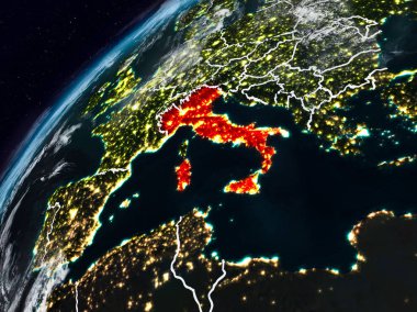 İtalya Planet Earth görünür ülke sınırları ile gece. 3D çizim. Nasa tarafından döşenmiş bu görüntü unsurları.
