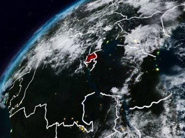 Ruanda Planet Earth görünür ülke sınırları ile gece. 3D çizim. Nasa tarafından döşenmiş bu görüntü unsurları.