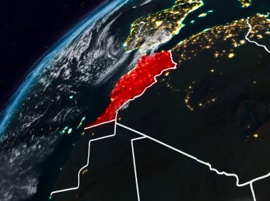 Fas Planet Earth görünür ülke sınırları ile gece. 3D çizim. Nasa tarafından döşenmiş bu görüntü unsurları.