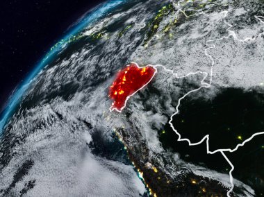 Ekvador Planet Earth görünür ülke sınırları ile gece. 3D çizim. Nasa tarafından döşenmiş bu görüntü unsurları.