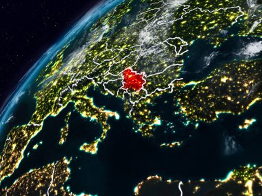 Sırbistan Planet Earth görünür ülke sınırları ile gece. 3D çizim. Nasa tarafından döşenmiş bu görüntü unsurları.