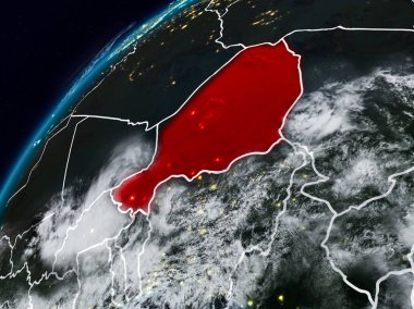 Nijer Planet Earth görünür ülke sınırları ile gece. 3D çizim. Nasa tarafından döşenmiş bu görüntü unsurları.