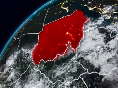 Sudan Planet Earth görünür ülke sınırları ile gece. 3D çizim. Nasa tarafından döşenmiş bu görüntü unsurları.