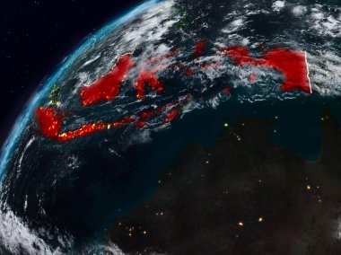 Endonezya Planet Earth görünür ülke sınırları ile gece. 3D çizim. Nasa tarafından döşenmiş bu görüntü unsurları.