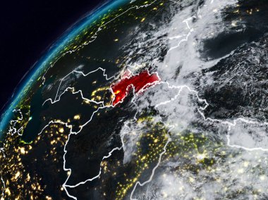 Tacikistan Planet Earth görünür ülke sınırları ile gece. 3D çizim. Nasa tarafından döşenmiş bu görüntü unsurları.