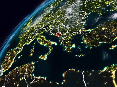 Karadağ Planet Earth görünür ülke sınırları ile gece. 3D çizim. Nasa tarafından döşenmiş bu görüntü unsurları.