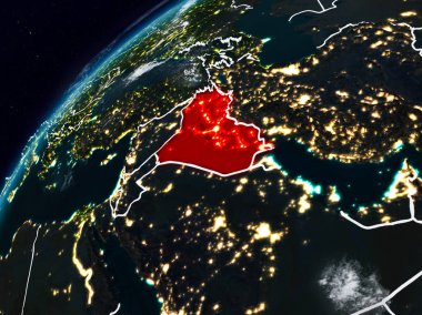 Irak Planet Earth görünür ülke sınırları ile gece. 3D çizim. Nasa tarafından döşenmiş bu görüntü unsurları.
