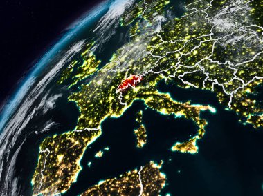 İsviçre Planet Earth görünür ülke sınırları ile gece. 3D çizim. Nasa tarafından döşenmiş bu görüntü unsurları.