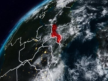 Malavi Planet Earth görünür ülke sınırları ile gece. 3D çizim. Nasa tarafından döşenmiş bu görüntü unsurları.