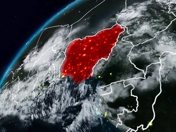 Nijerya Planet Earth görünür ülke sınırları ile gece. 3D çizim. Nasa tarafından döşenmiş bu görüntü unsurları.