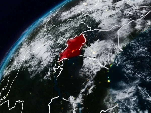 Uganda Planet Earth görünür ülke sınırları ile gece. 3D çizim. Nasa tarafından döşenmiş bu görüntü unsurları.
