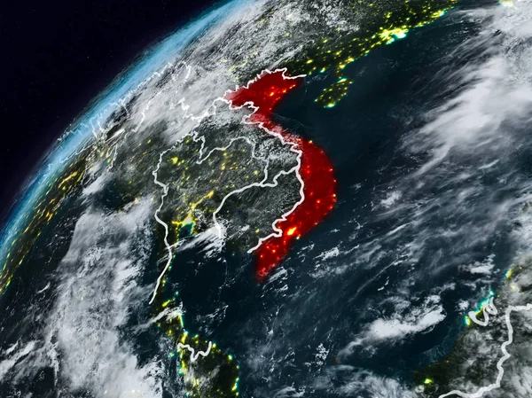 Vietnam Planet Earth görünür ülke sınırları ile gece. 3D çizim. Nasa tarafından döşenmiş bu görüntü unsurları.