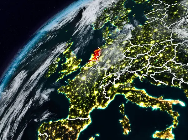 Hollanda Planet Earth görünür ülke sınırları ile gece. 3D çizim. Nasa tarafından döşenmiş bu görüntü unsurları.