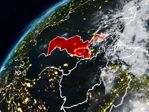 Özbekistan Planet Earth görünür ülke sınırları ile gece. 3D çizim. Nasa tarafından döşenmiş bu görüntü unsurları.