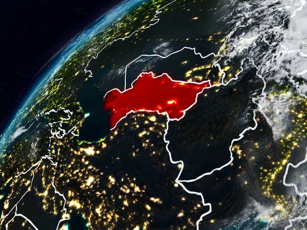 Türkmenistan Planet Earth görünür ülke sınırları ile gece. 3D çizim. Nasa tarafından döşenmiş bu görüntü unsurları.