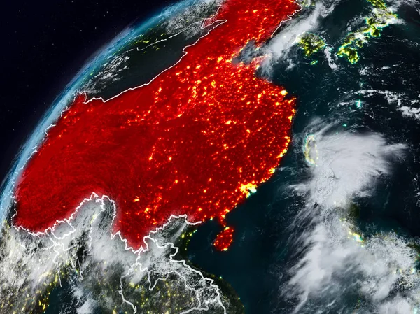 Çin Planet Earth görünür ülke sınırları ile gece. 3D çizim. Nasa tarafından döşenmiş bu görüntü unsurları.