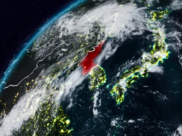 Kuzey Kore Planet Earth görünür ülke sınırları ile gece. 3D çizim. Nasa tarafından döşenmiş bu görüntü unsurları.