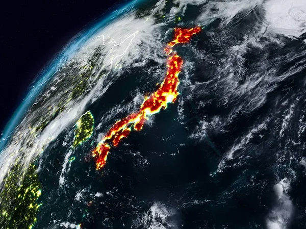 Japón Planeta Tierra Por Noche Con Fronteras País Visibles Ilustración — Foto de Stock