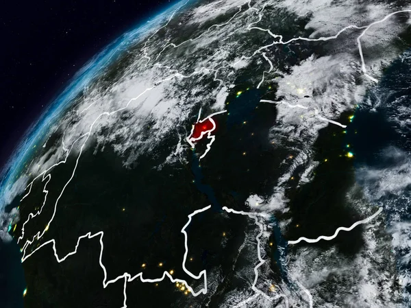 Ruanda Planet Earth görünür ülke sınırları ile gece. 3D çizim. Nasa tarafından döşenmiş bu görüntü unsurları.