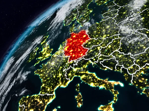 Germania Sul Pianeta Terra Notte Con Confini Paese Visibili Illustrazione — Foto Stock