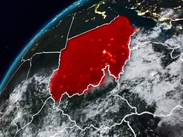 Sudan Planet Earth görünür ülke sınırları ile gece. 3D çizim. Nasa tarafından döşenmiş bu görüntü unsurları.