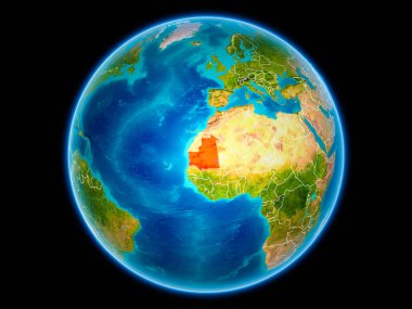 Moritanya uzaydan görünür ülke sınırları kırmızı. 3D çizim. Nasa tarafından döşenmiş bu görüntü unsurları.