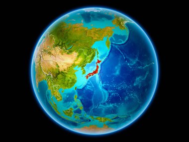 Kırmızı ile uzaydan görünür ülke sınırları içinde Japonya. 3D çizim. Nasa tarafından döşenmiş bu görüntü unsurları.