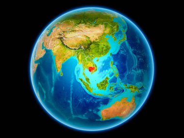 Kamboçya'da uzaydan görünür ülke kenarlıklı kırmızı. 3D çizim. Nasa tarafından döşenmiş bu görüntü unsurları.