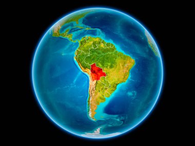 Bolivya uzaydan görünür ülke sınırları kırmızı. 3D çizim. Nasa tarafından döşenmiş bu görüntü unsurları.