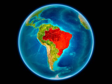 Brezilya uzaydan görünür ülke sınırları kırmızı. 3D çizim. Nasa tarafından döşenmiş bu görüntü unsurları.