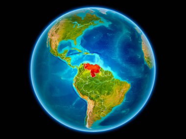 Venezuela uzaydan görünür ülke sınırları kırmızı. 3D çizim. Nasa tarafından döşenmiş bu görüntü unsurları.
