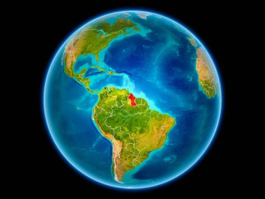 Guyana uzaydan görünür ülke sınırları kırmızı. 3D çizim. Nasa tarafından döşenmiş bu görüntü unsurları.
