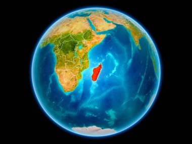 Madagaskar uzaydan görünür ülke sınırları kırmızı. 3D çizim. Nasa tarafından döşenmiş bu görüntü unsurları.